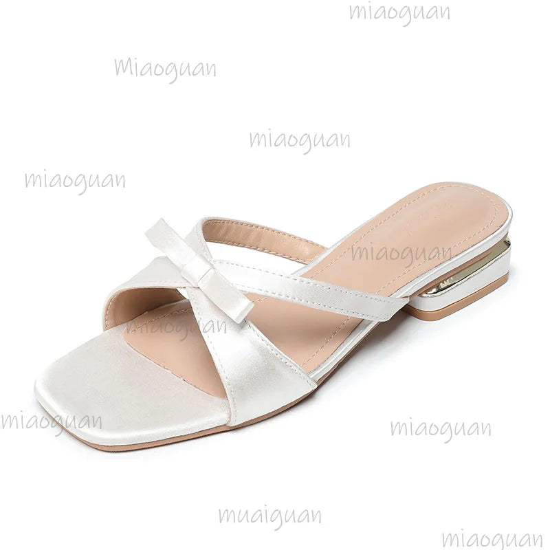 Women's Bow Low Heel Sandals – Summer Slip-On Party Shoes
