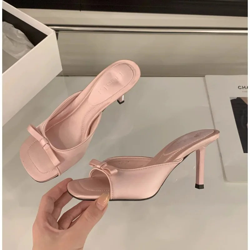 Women's Bow Strappy Mule Sandals | Open Toe Block Heel