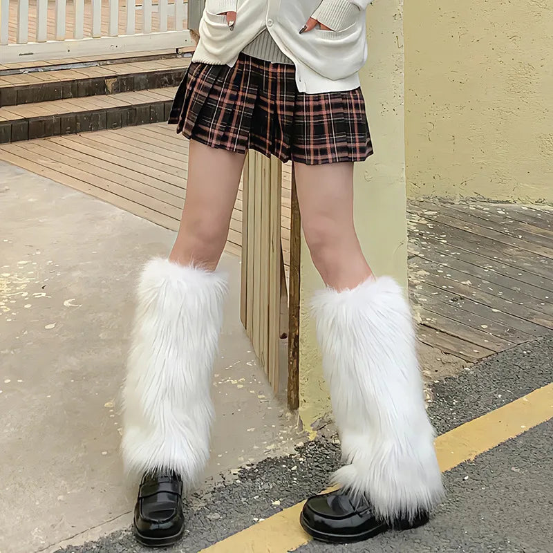 Gothic Faux Fur Leg Warmers – Y2K Punk Knee-Length Boot Socks