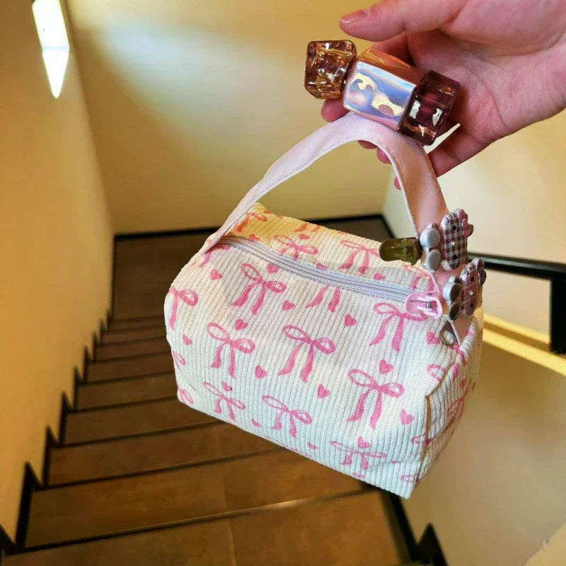 Corduroy Cosmetic Bag – Bow Print Large Capacity Makeup Bag