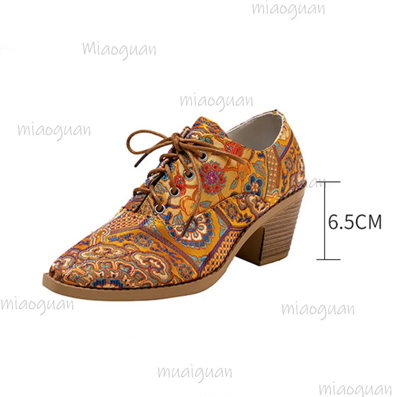 Printed Lace-Up High Heel Pumps – Women's Round Toe Shoes