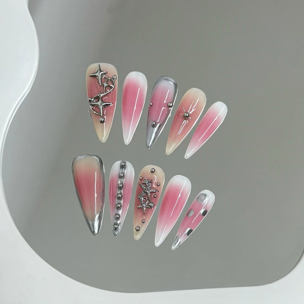 Y2K Pink Blush Press On Nails | 3D Star Long Pointed Tips Set