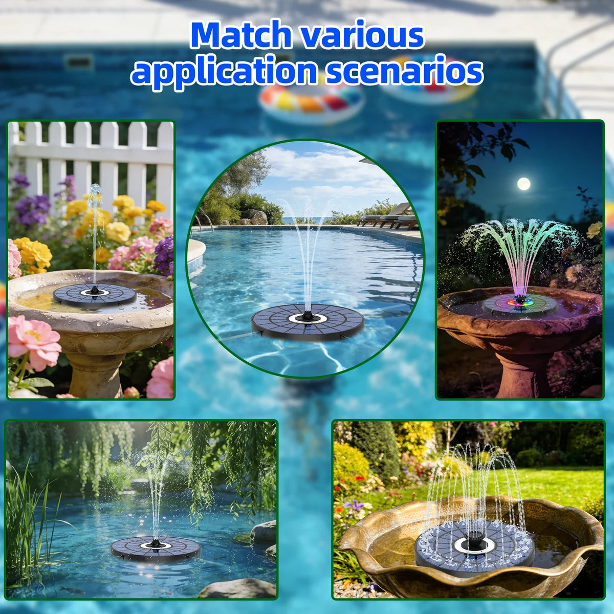 5.5W Solar Water Fountain – 8 LED Lights & 8 Nozzles, Battery