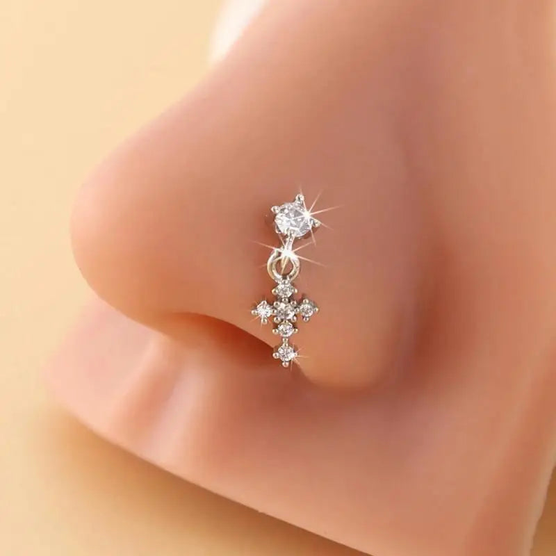 Cross Zircon Dangle Nose Ring – L-Shape Stud Body Jewelry