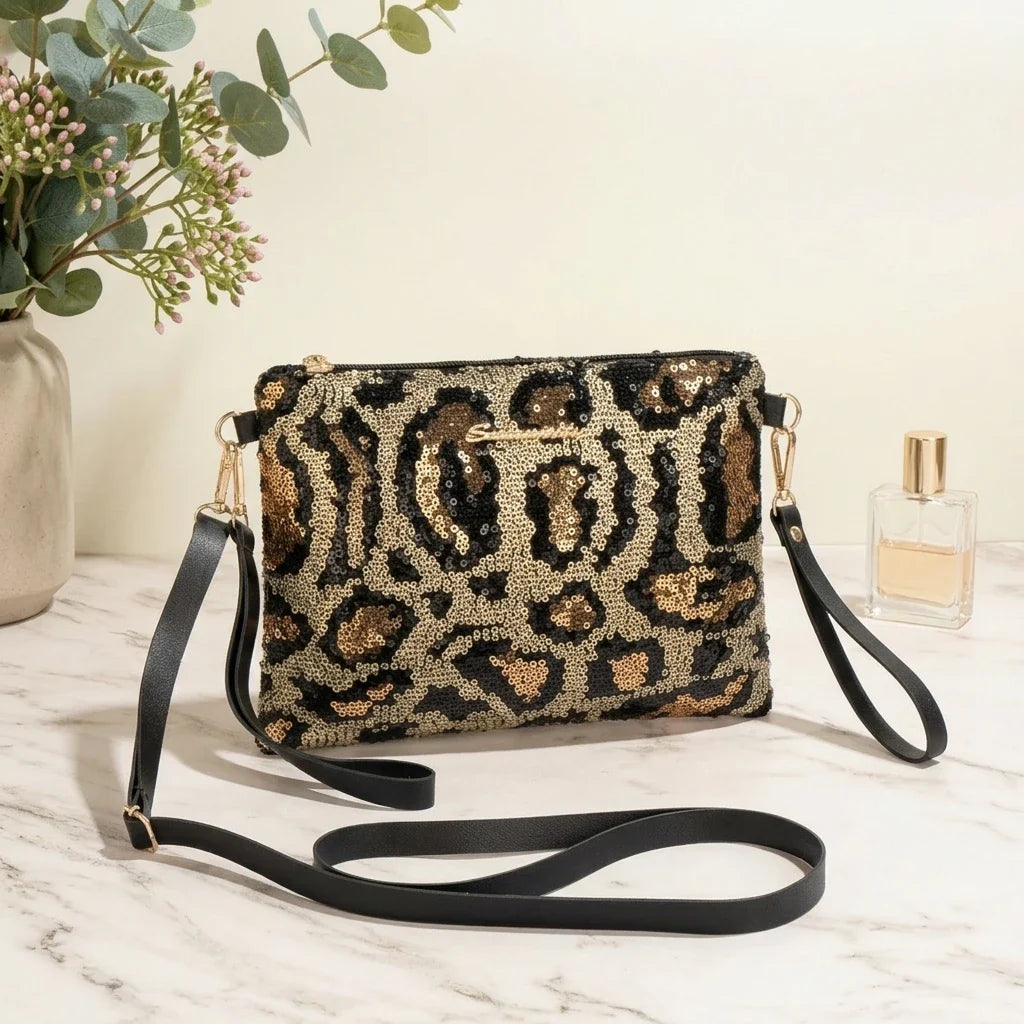 Women's Sequin Leopard Crossbody Shoulder Bag & Clutch