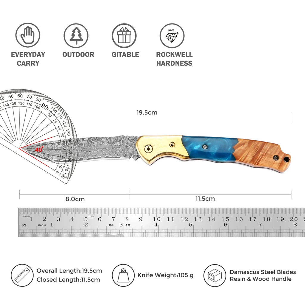 Damascus Steel Folding Knife – Rosewood & Resin Handle | EDC