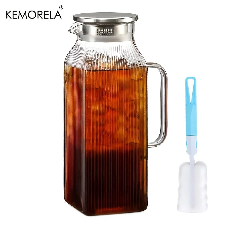 KEMORELA 2L Glass Kettle – Stripe Design, Lid & Cleaning Brush
