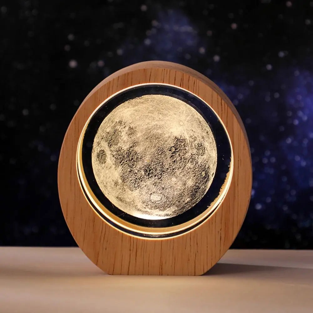 3D Solar System Planet Night Light – Wood Base Crystal Glow
