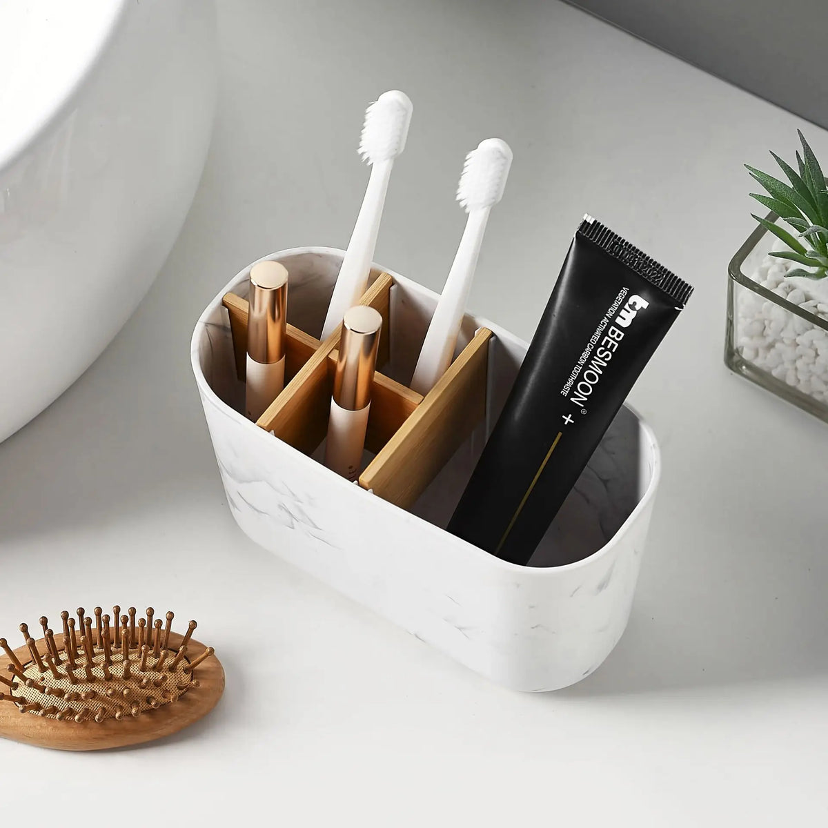 5-Slot Bamboo Toothbrush Holder with Toothpaste Compartment