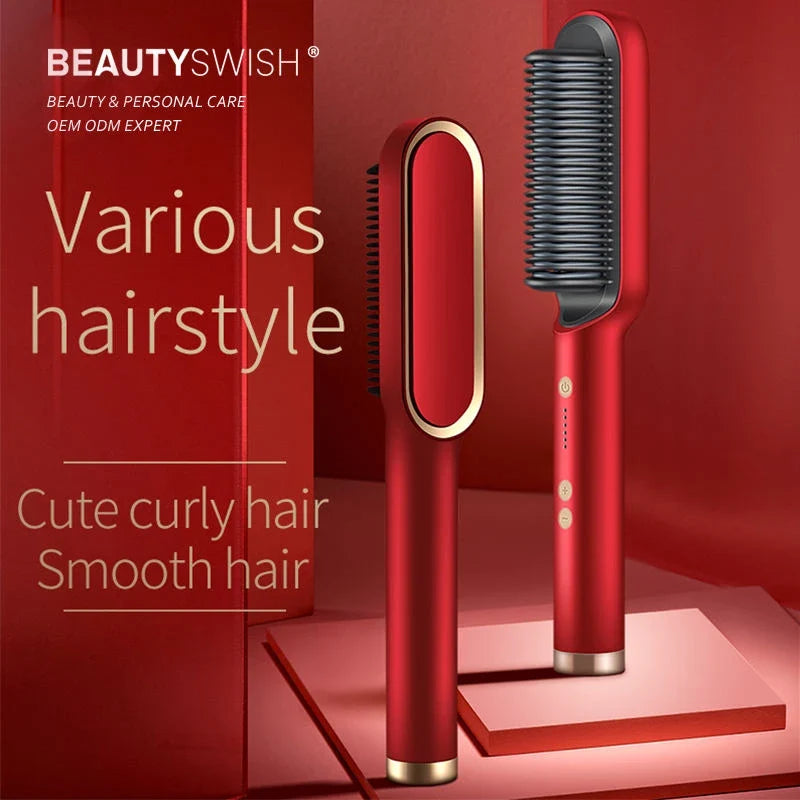 2-in-1 Electric Hair Straightener & Curling Comb | Tourmaline