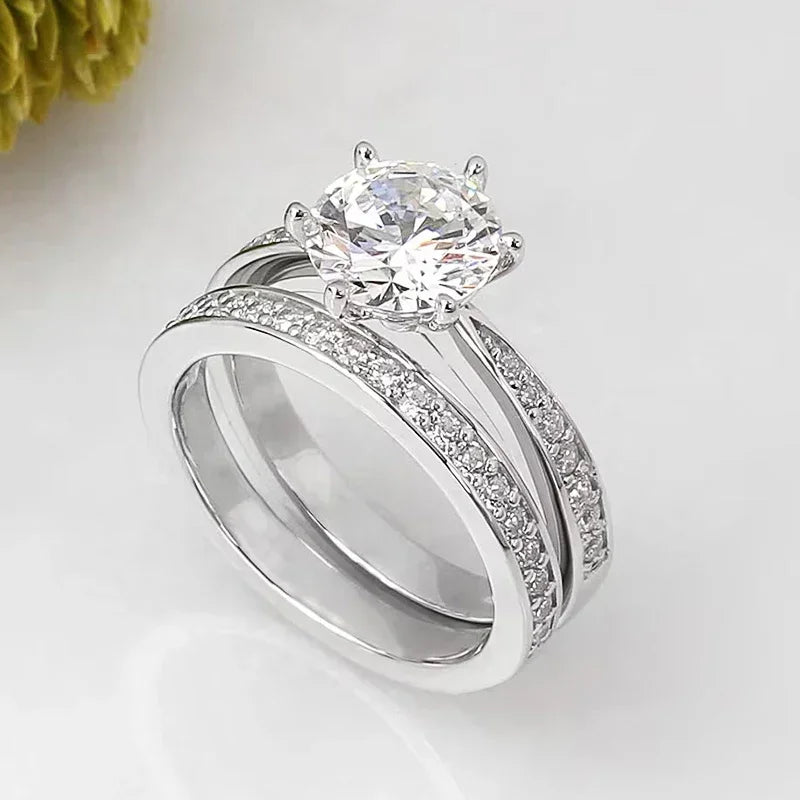 Huitan 6-Claw Cubic Zirconia Wedding Ring Set for Women 2 Pcs