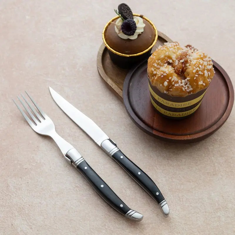 Laguiole Serrated Steak Knife & Fork Set | Black Handle Steel
