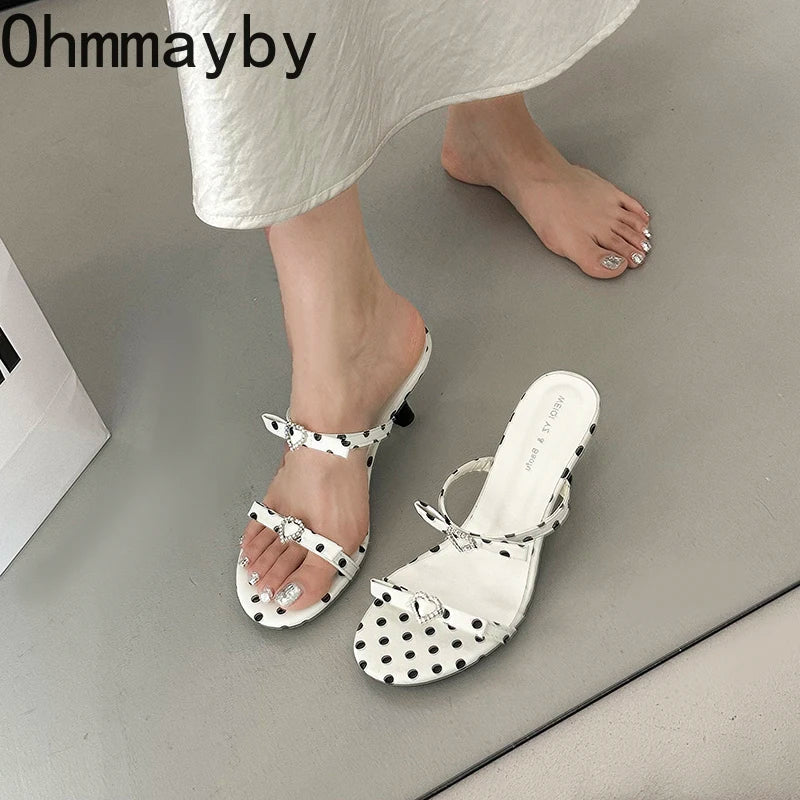 Rhinestone Kitten Heel Slippers – Polka Dot Women's Slides