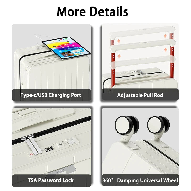 Front-Opening Hard Shell Carry-On Suitcase | USB Charging & Spinner