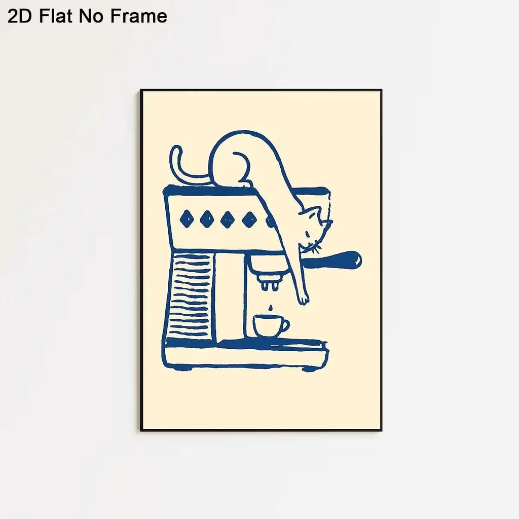 Minimalist Cat on Coffee Machine Canvas Wall Art Print