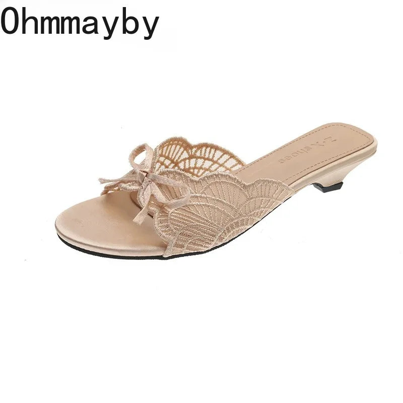 Lace Butterfly-Knot Women's Slide Sandals | Low Square Heel
