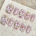 Pink Peach Blossom Press On Nails | Cat Eye Pearl Short Fake Nails