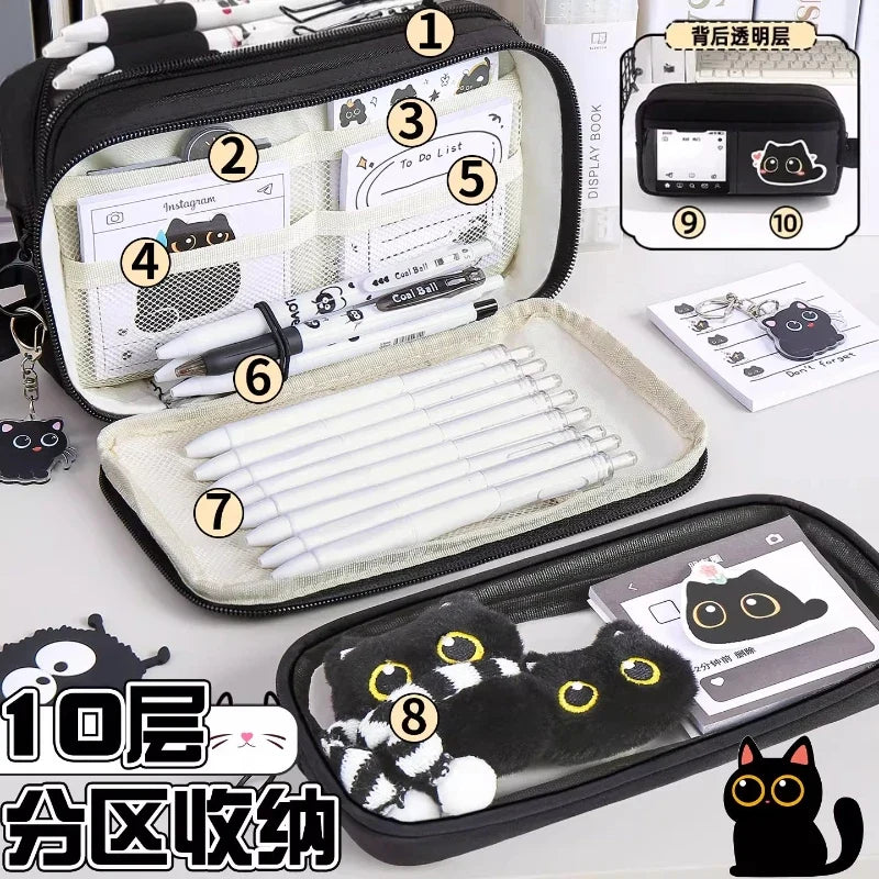 10 Layer Creative Black Cat Design Removable Pencil Case Large
