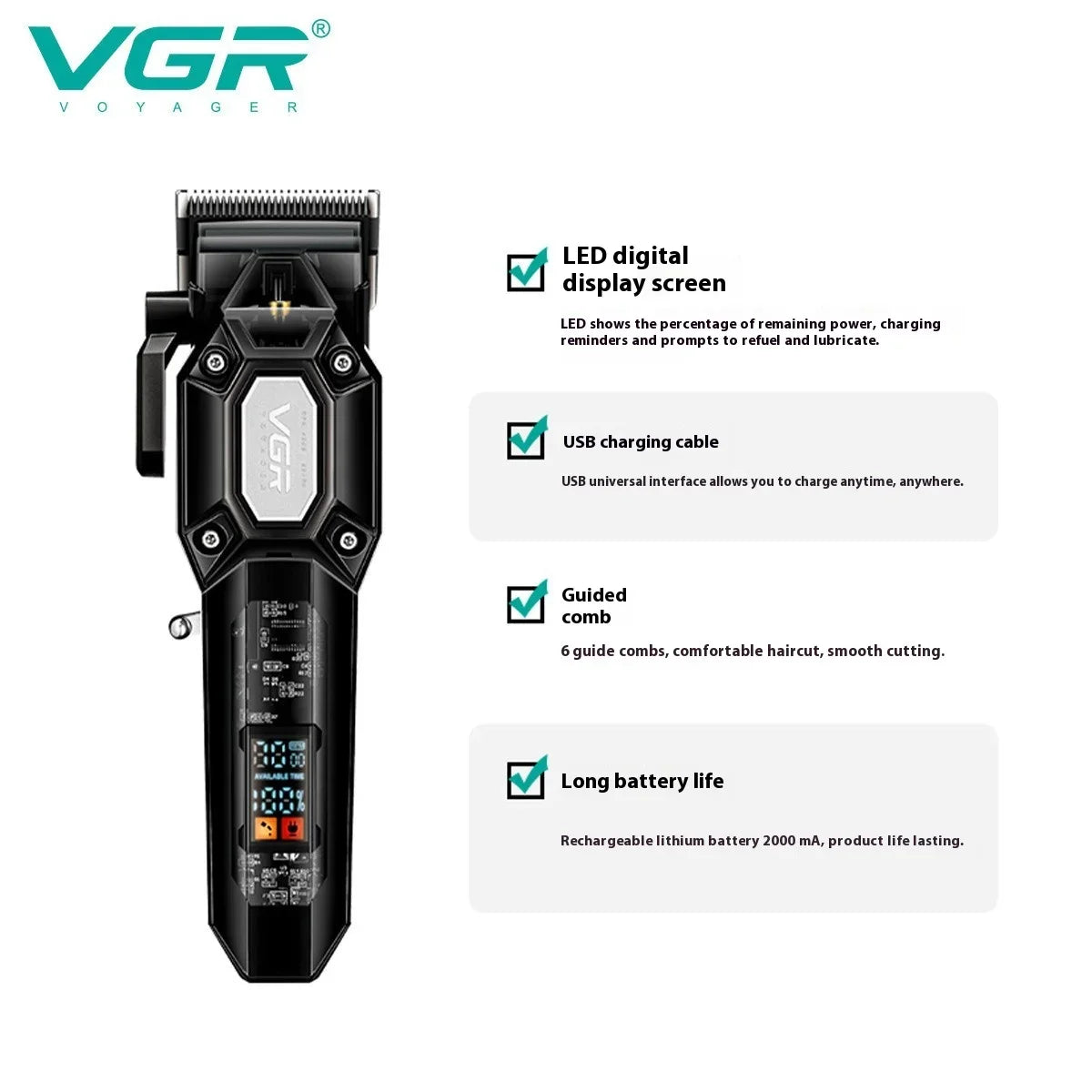 VGR V-600 Electric Hair Clipper Set | LED Display, 200-Min Battery