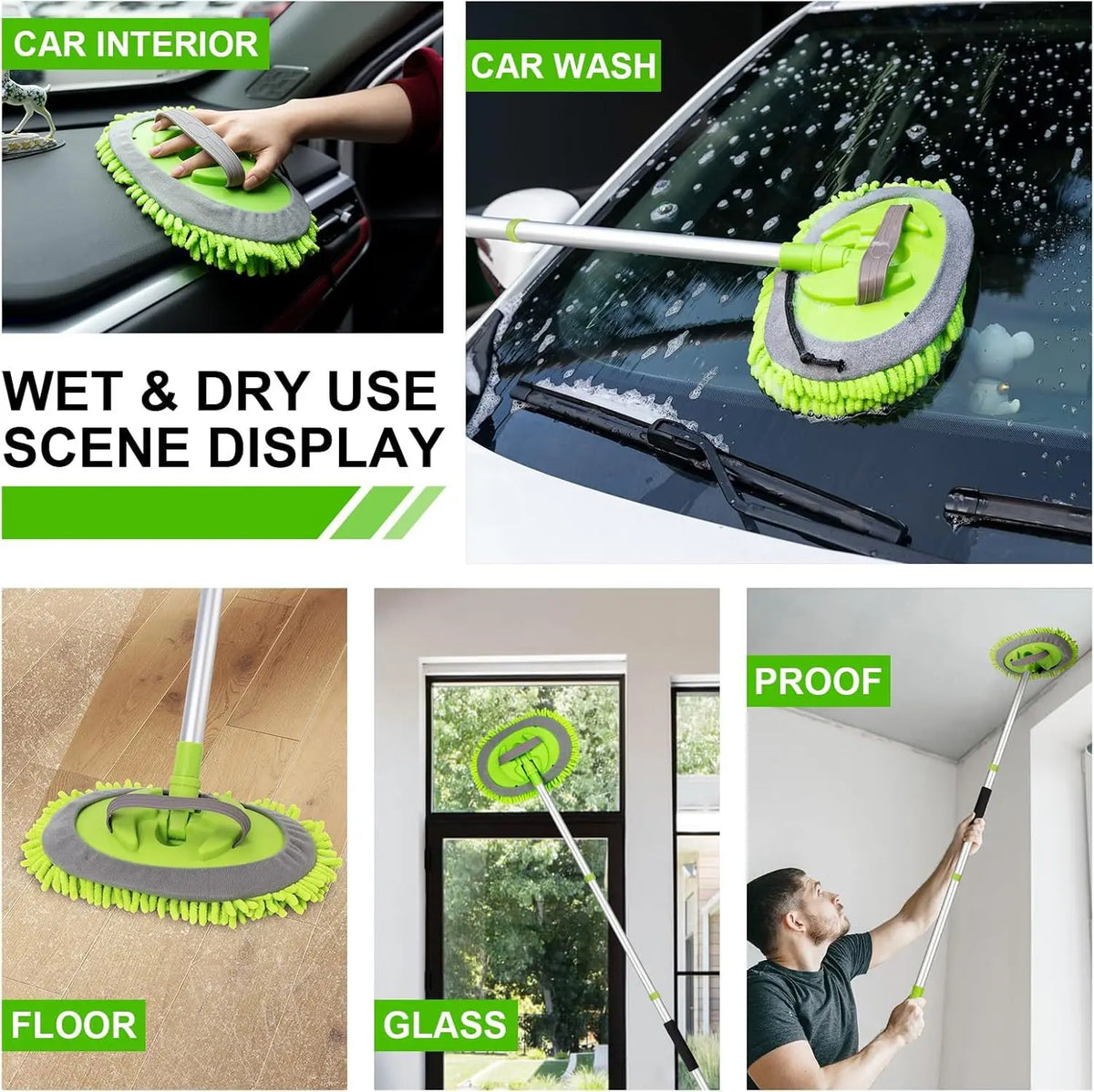 Green Chenille Car Wash Mop – Extra-Long 4-Section Detachable