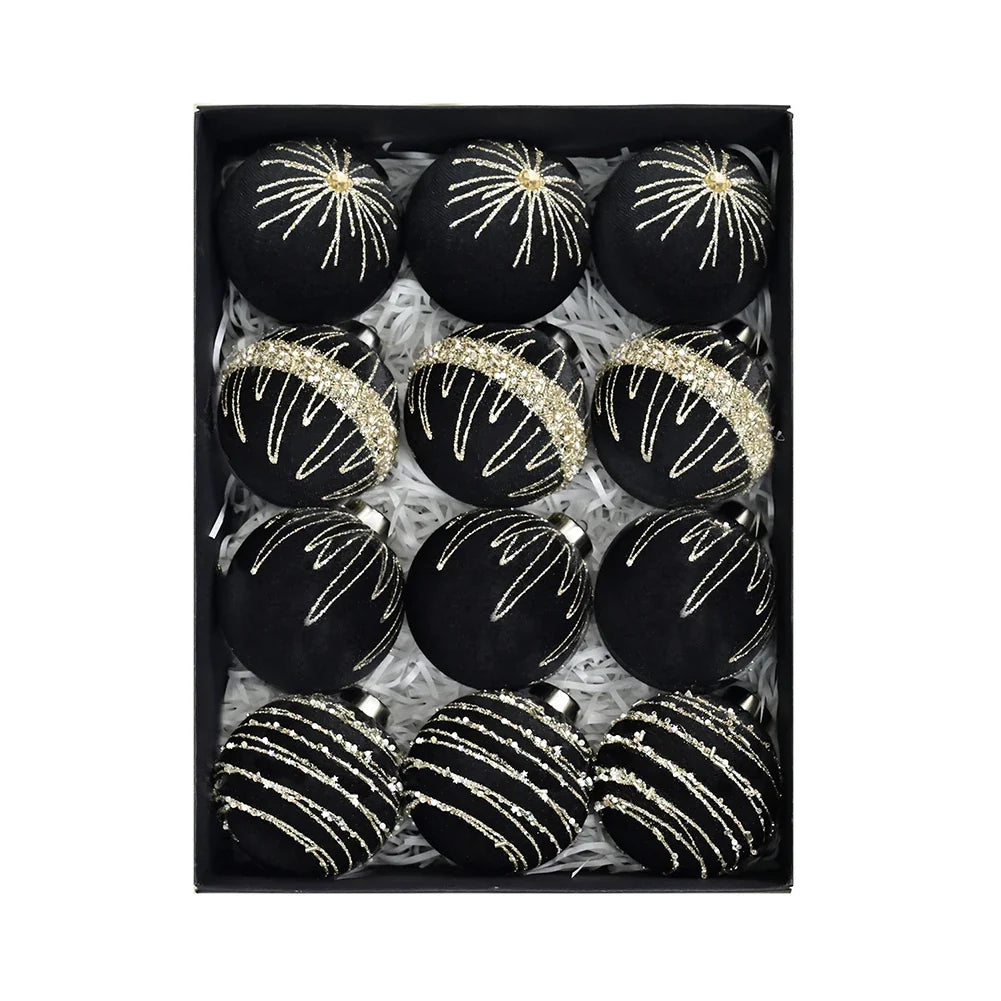 12-Piece Flocked Velvet Christmas Ball Ornaments | 8cm Set