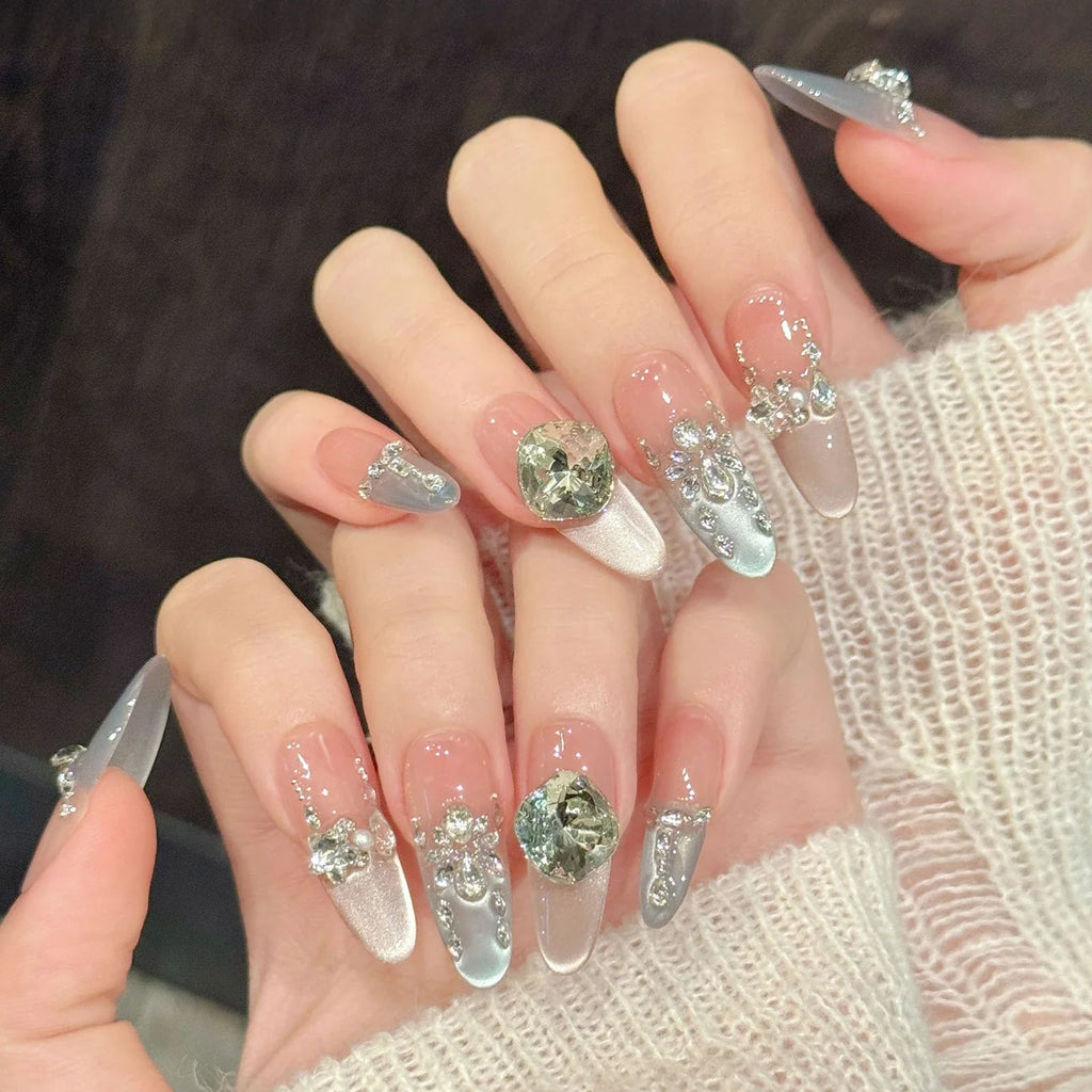 Aurora Cat's Eye Press On Nails | K9 Diamond French Tips 10pc