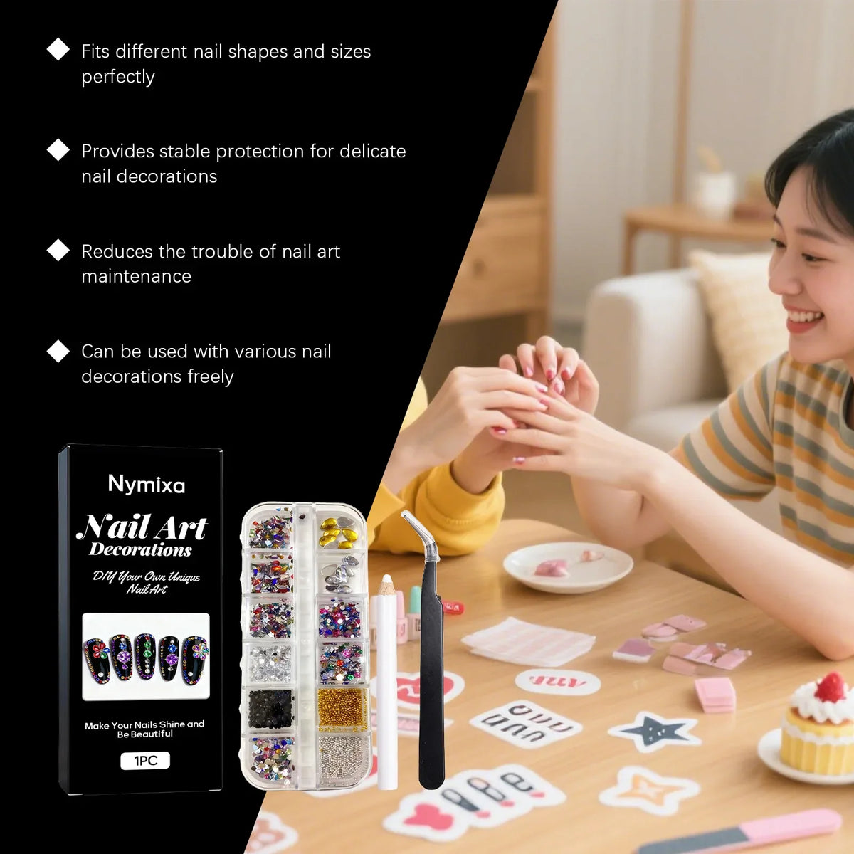 Nymixa DIY Nail Art Kit – 12-Grid Rhinestone & 12-Color Pens