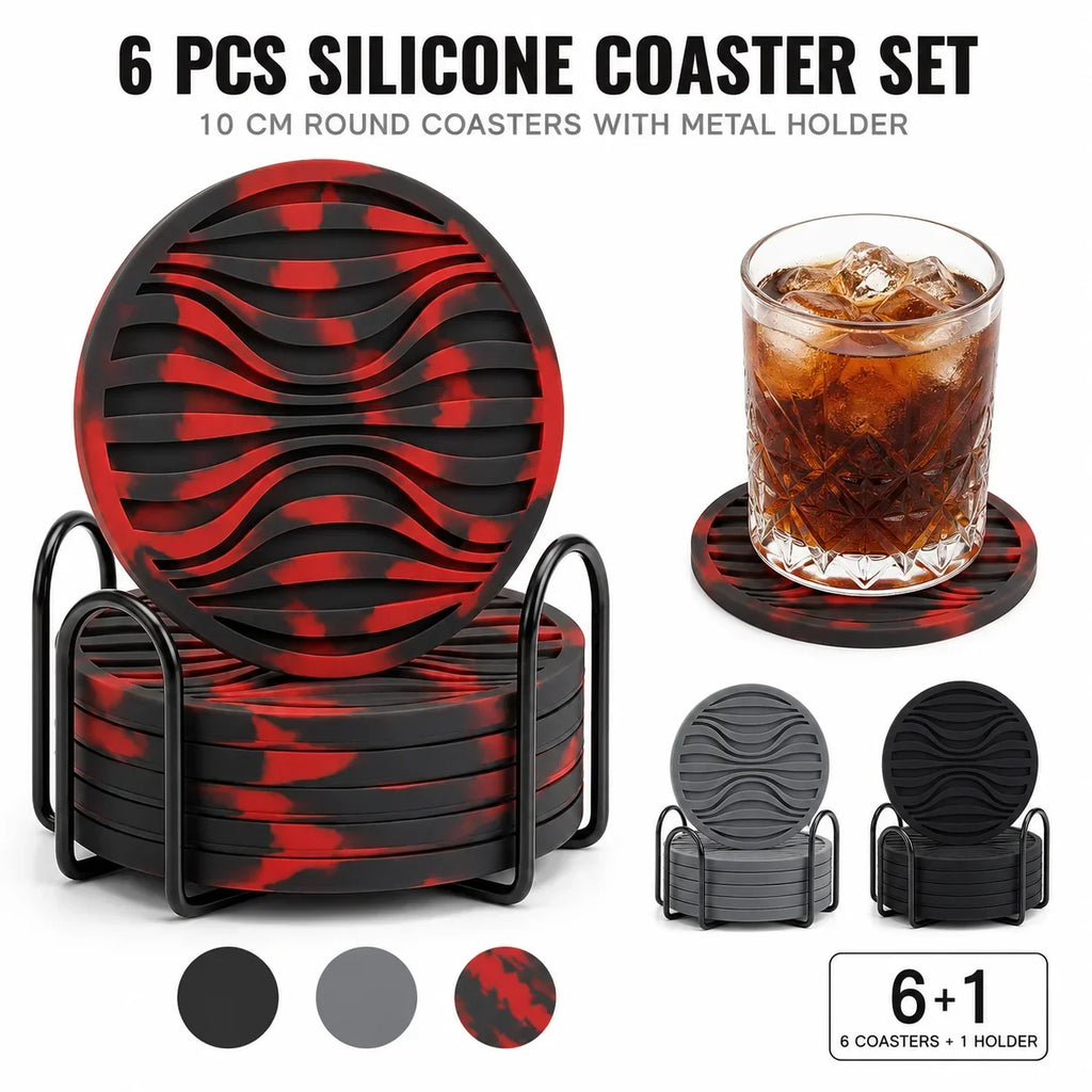 6-Pack Silicone Drink Coasters with Holder | Non-Slip, Heat Resistant