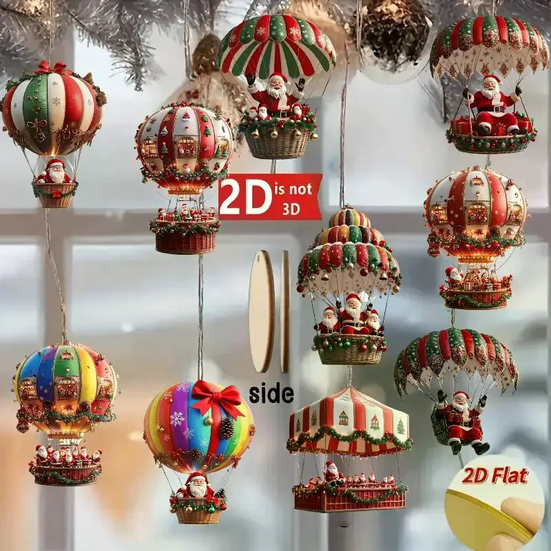 10-Piece Wooden Christmas Ornaments – Santa & Hot Air Balloon