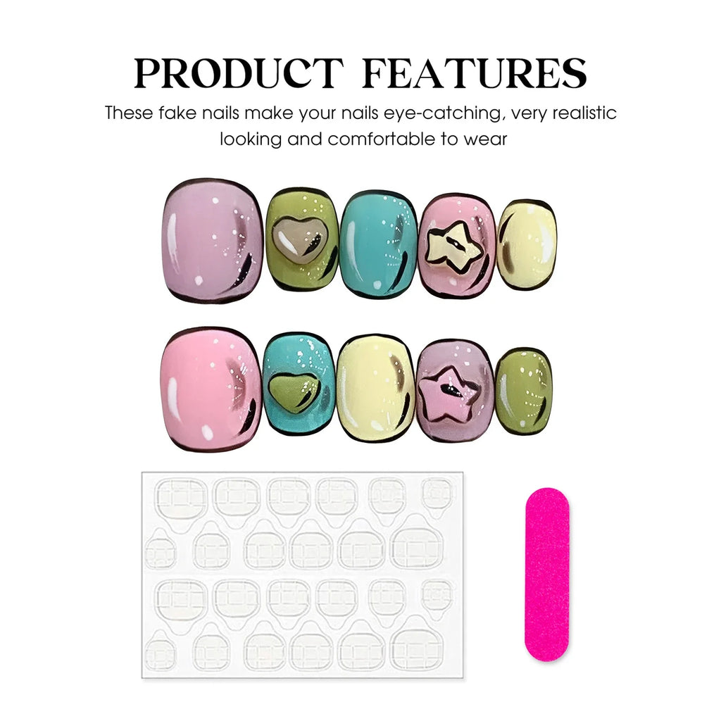 Cartoon Press On Nails – Handmade Short Full Cover Fake Nails