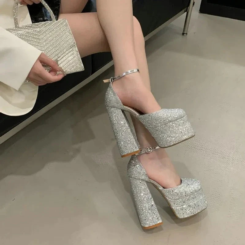 Women's Silver Platform High Heel Sandals | Luxury Party Pumps
