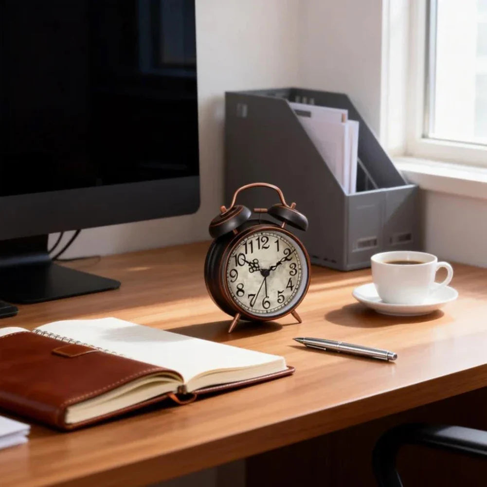 Antique Copper Twin-Bell Alarm Clock | Retro Silent Desk Clock