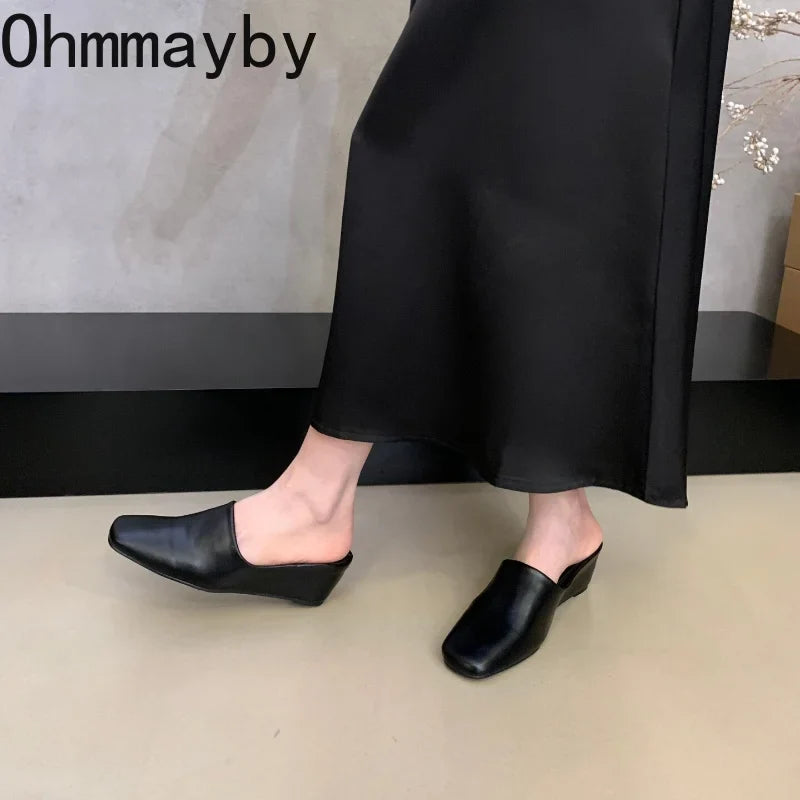 Women's Wedge Heel Mules – Square Toe Slip-On Slide Sandals