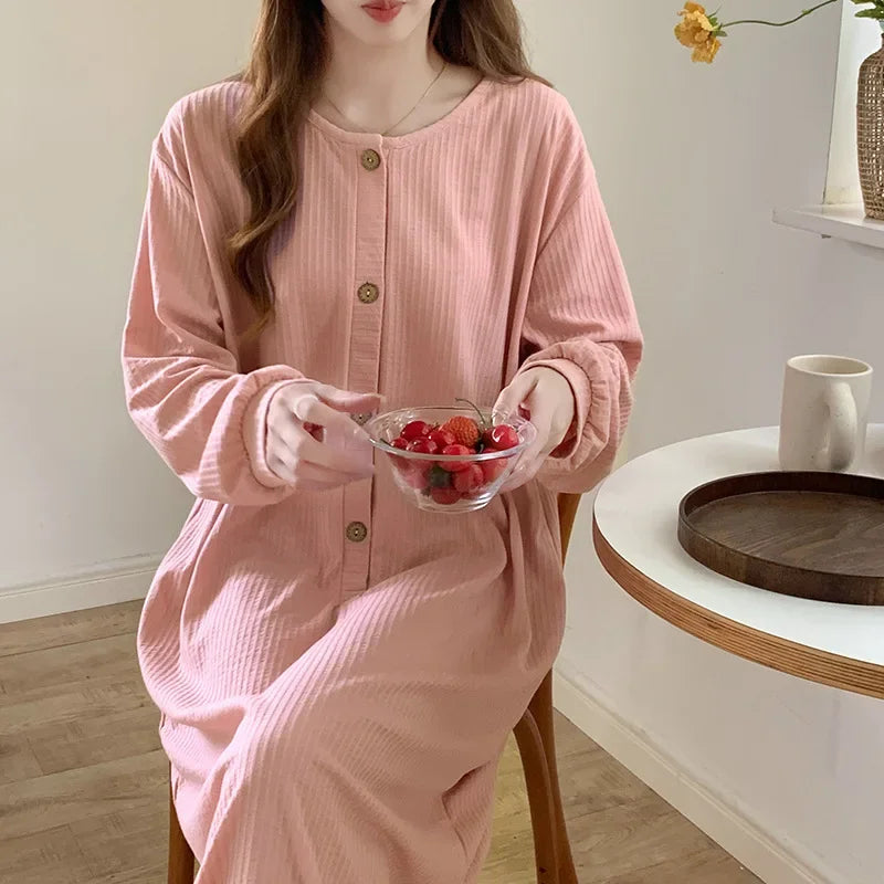 Women's Cotton Nightgown – Long Sleeve Ankle-Length Sleep Dress