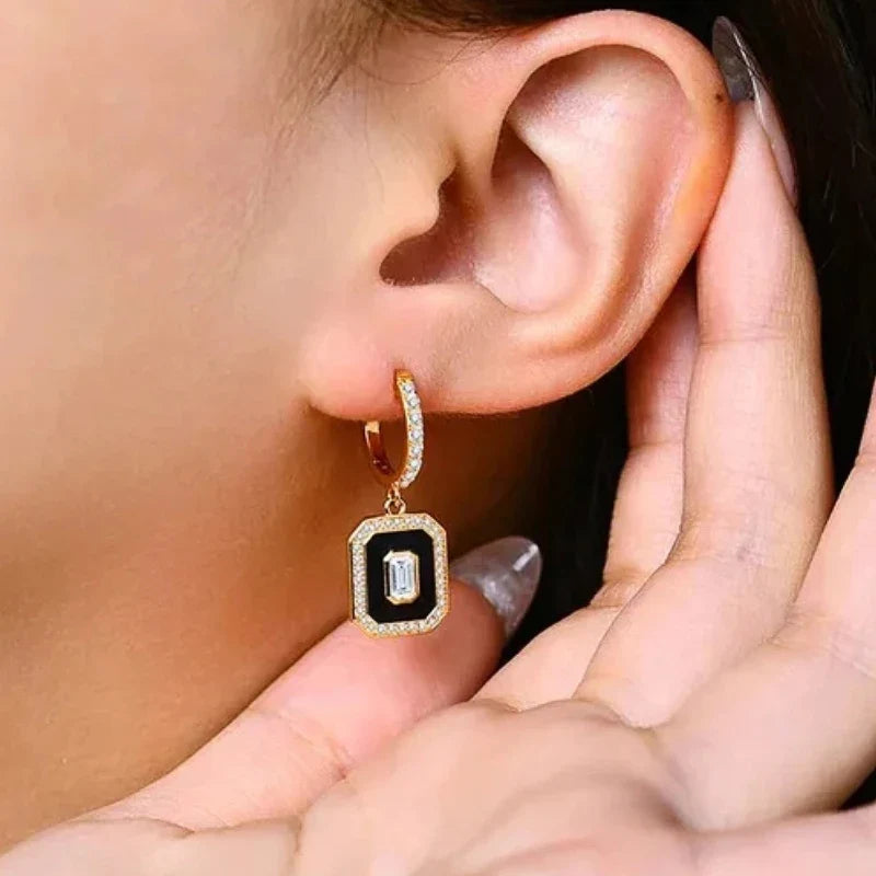Huitan Gold Hoop Drop Earrings – Black Enamel & Cubic Zirconia