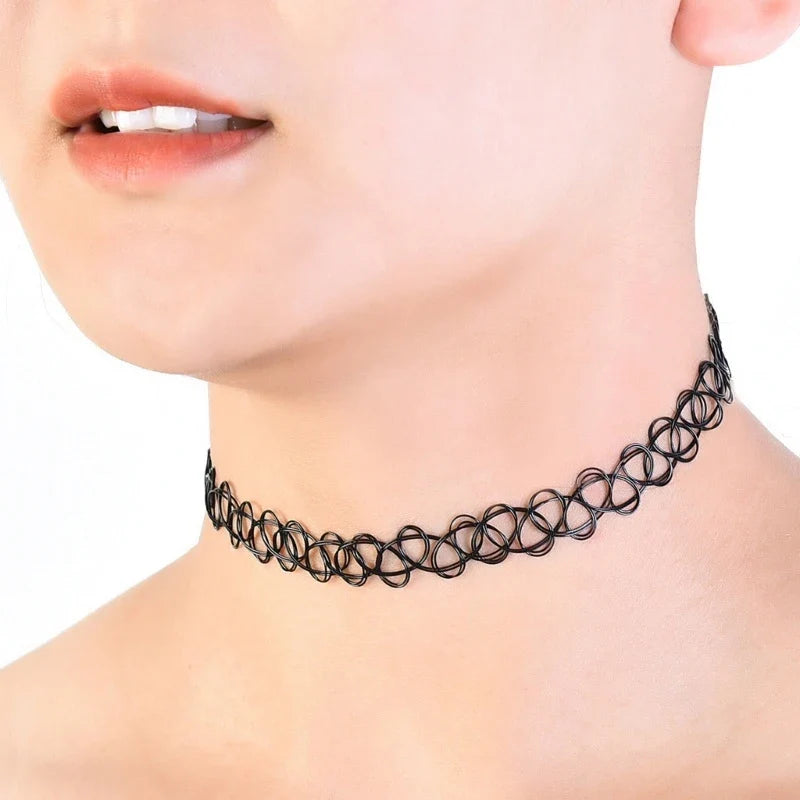 12-Pack Vintage Hippie Stretch Tattoo Choker Necklace Set