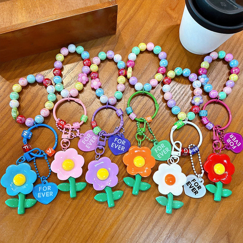 Handmade Beaded Keychain Wristlet Bracelet | Floral Bag Charm