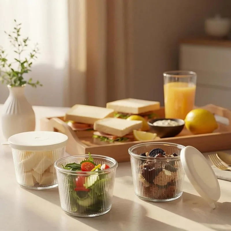 KEMORELA Glass Bowls with Lids – Stackable Striped Set