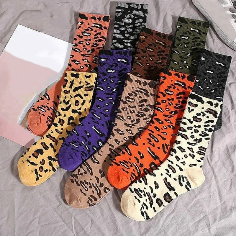 Leopard Print Crew Socks – Unisex Cotton Hip Hop Style