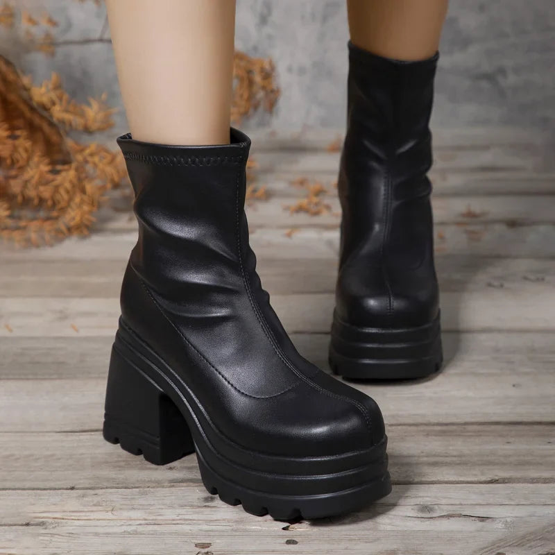 Women's Square Toe High Heel Mid-Calf Boots | Platform Zipper