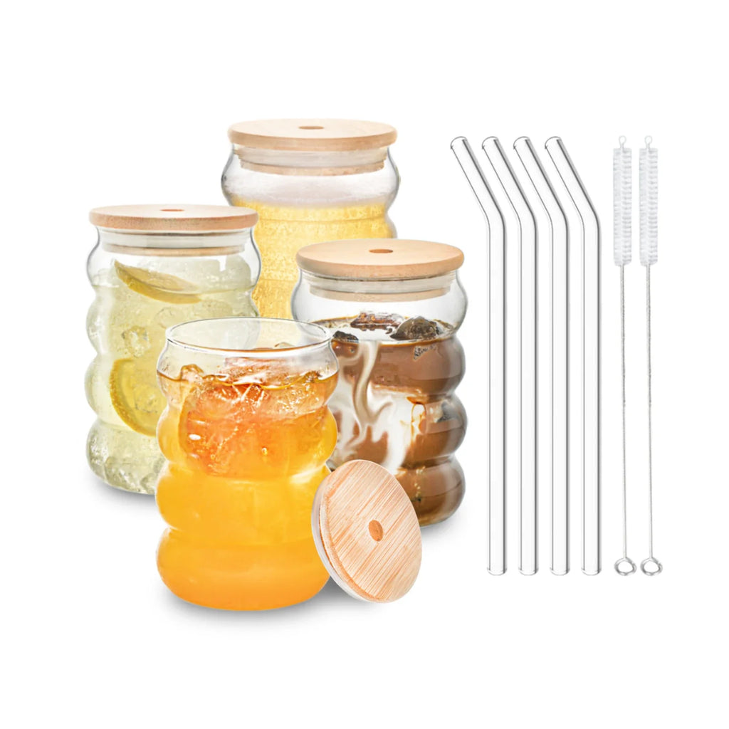 4-Pack Wave Borosilicate Glass Cups with Lid & Straw | KEMORELA