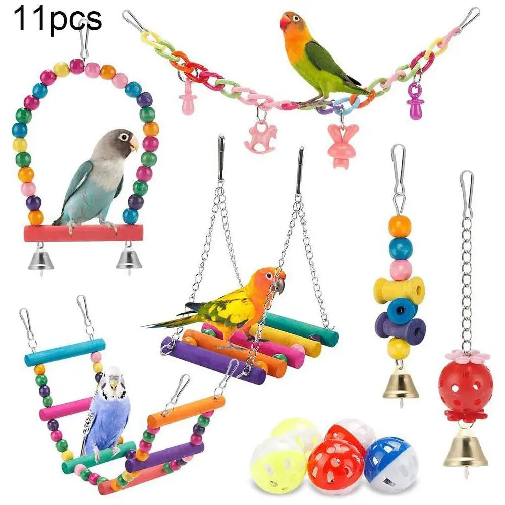 11-Piece Natural Wood Parrot Toy Set – Swing, Chew & Bell Toys