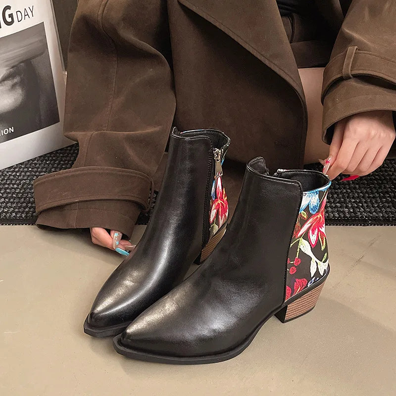 Women's Colorblock Floral Chunky Heel Ankle Boots | Side Zip