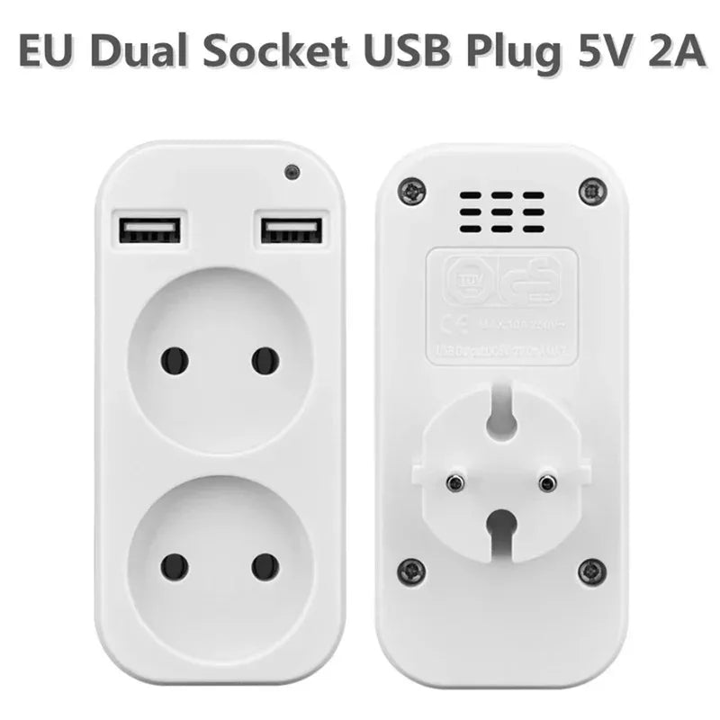 EU Plug Power Strip Adapter – 2 AC Outlets & 2 USB Ports, 1200W