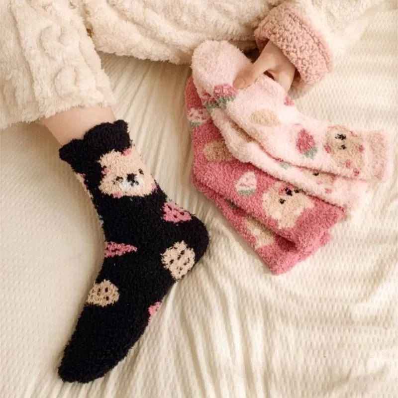 Women's Cozy Coral Fleece Socks – Cute Strawberry Bear Plush