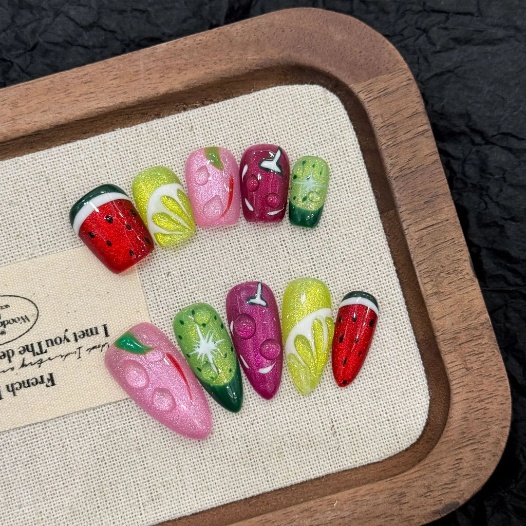 10pcs Handmade Fruit Press On Nails – Watermelon & Lemon Cat Eye