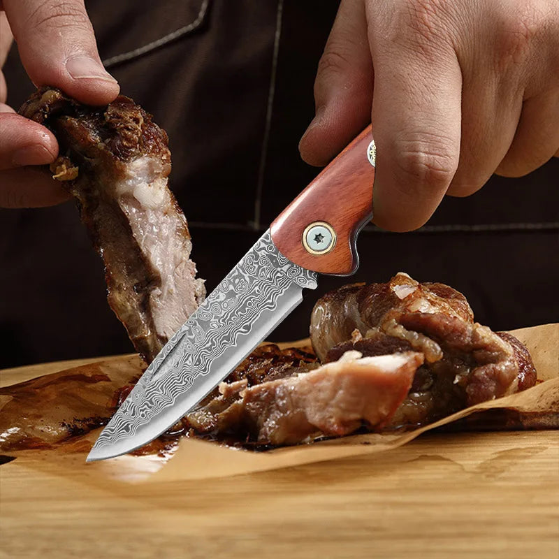 Damascus Steel Folding Knife – Sharp Wood Handle Kitchen Knife