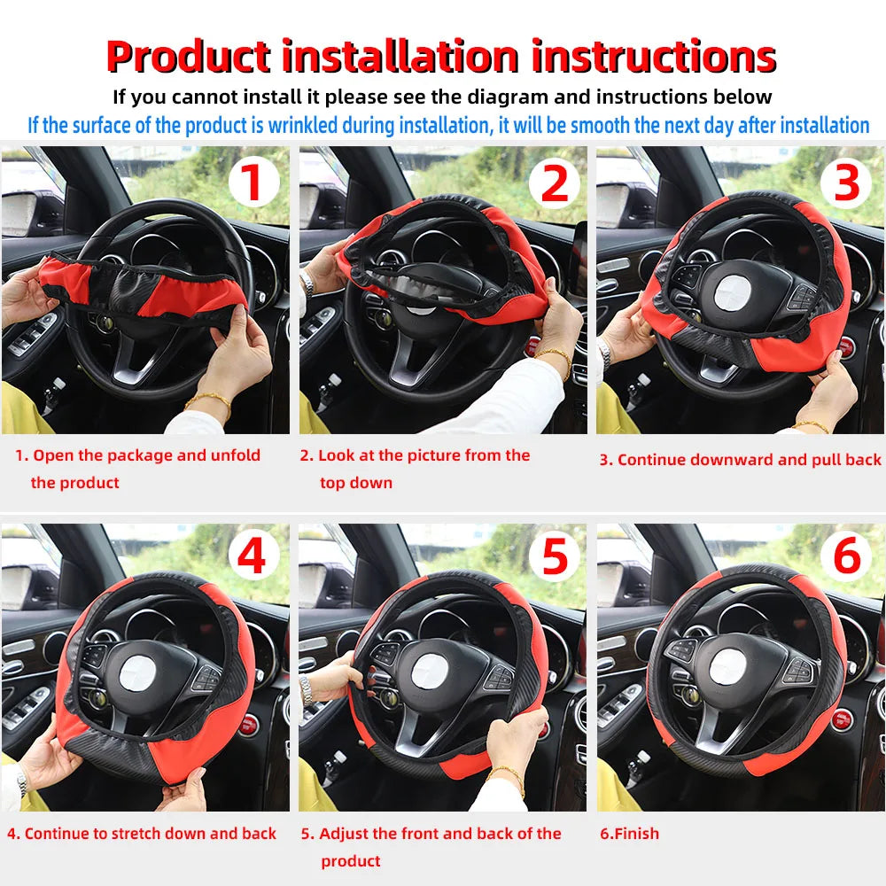PU Leather Carbon Fiber Steering Wheel Cover 14.5–15 Inch