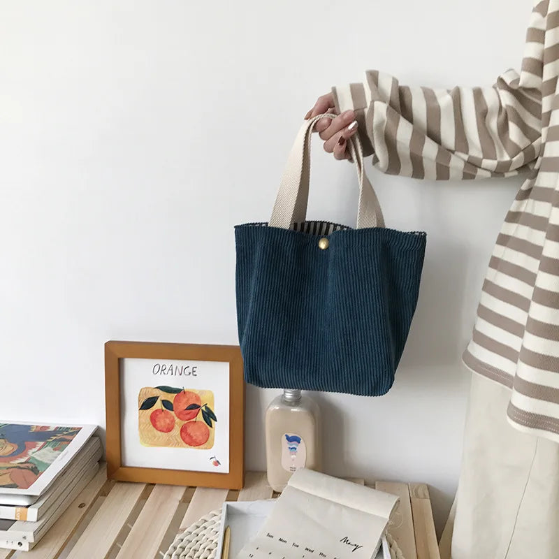 Lunch Bag Corduroy Canvas Box Drawstring Picnic Tote Eco Cotton Cloth