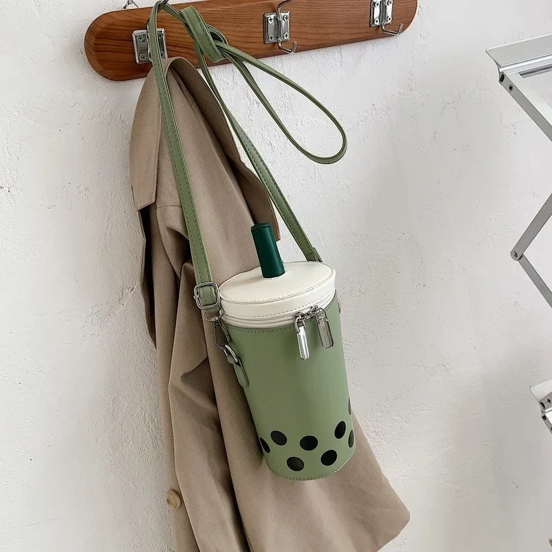 Cartoon Milk Tea PU Bucket Crossbody Bag for Women